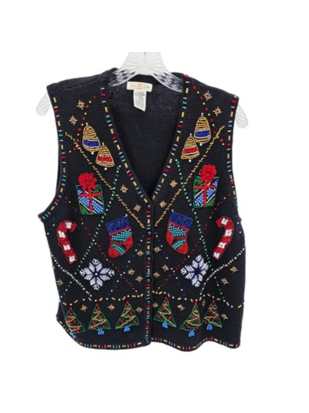 YarnWorks Sweater Vest Womens XL Black Beaded Christmas Holiday Vintage Ugly